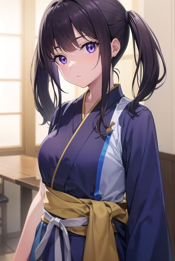 takinainoue, <lora:takinainoue-lora-nochekaiser:1>, inoue takina, long hair, bangs, twintails, black hair, (purple eyes:1.2),BREAK japanese clothes, kimono, apron, waist apron, blue kimono, waitress,BREAK indoors, cafe,BREAK looking at viewer, (cowboy shot:1.5),BREAK <lyco:GoodHands-beta2:1>, (masterpiece:1.2), best quality, high resolution, unity 8k wallpaper, (illustration:0.8), (beautiful detailed eyes:1.6), extremely detailed face, perfect lighting, extremely detailed CG, (perfect hands, perfect anatomy),