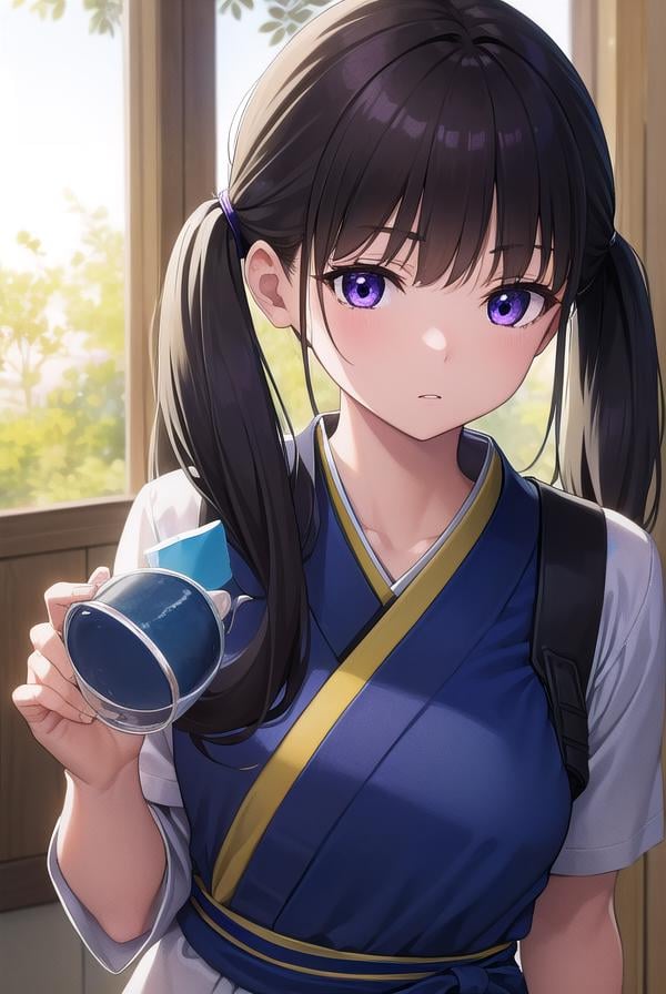 takinainoue, <lora:takinainoue-lora-nochekaiser:1>, inoue takina, long hair, bangs, twintails, black hair, (purple eyes:1.2),BREAK japanese clothes, kimono, apron, waist apron, blue kimono, waitress,BREAK indoors, cafe,BREAK looking at viewer, (cowboy shot:1.5),BREAK <lyco:GoodHands-beta2:1>, (masterpiece:1.2), best quality, high resolution, unity 8k wallpaper, (illustration:0.8), (beautiful detailed eyes:1.6), extremely detailed face, perfect lighting, extremely detailed CG, (perfect hands, perfect anatomy),