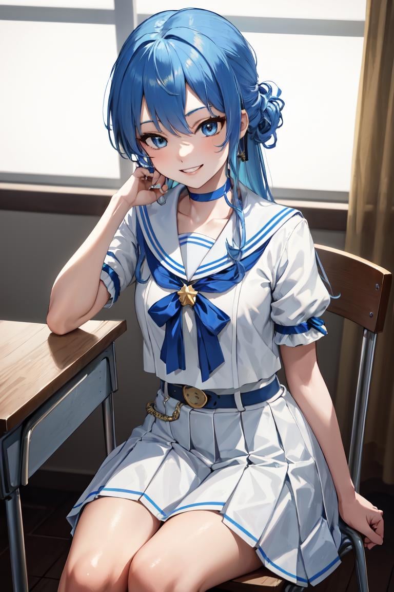 masterpiece, best quality, absurdres, perfect anatomy, SuiseiSchool, long hair, half updo, white serafuku, blue choker, blue bowtie, blue belt, white skirt, short sleeves, indoors, classroom, sitting, chair, smile, <lora:HoshimachiSuiseiV2:1.0>