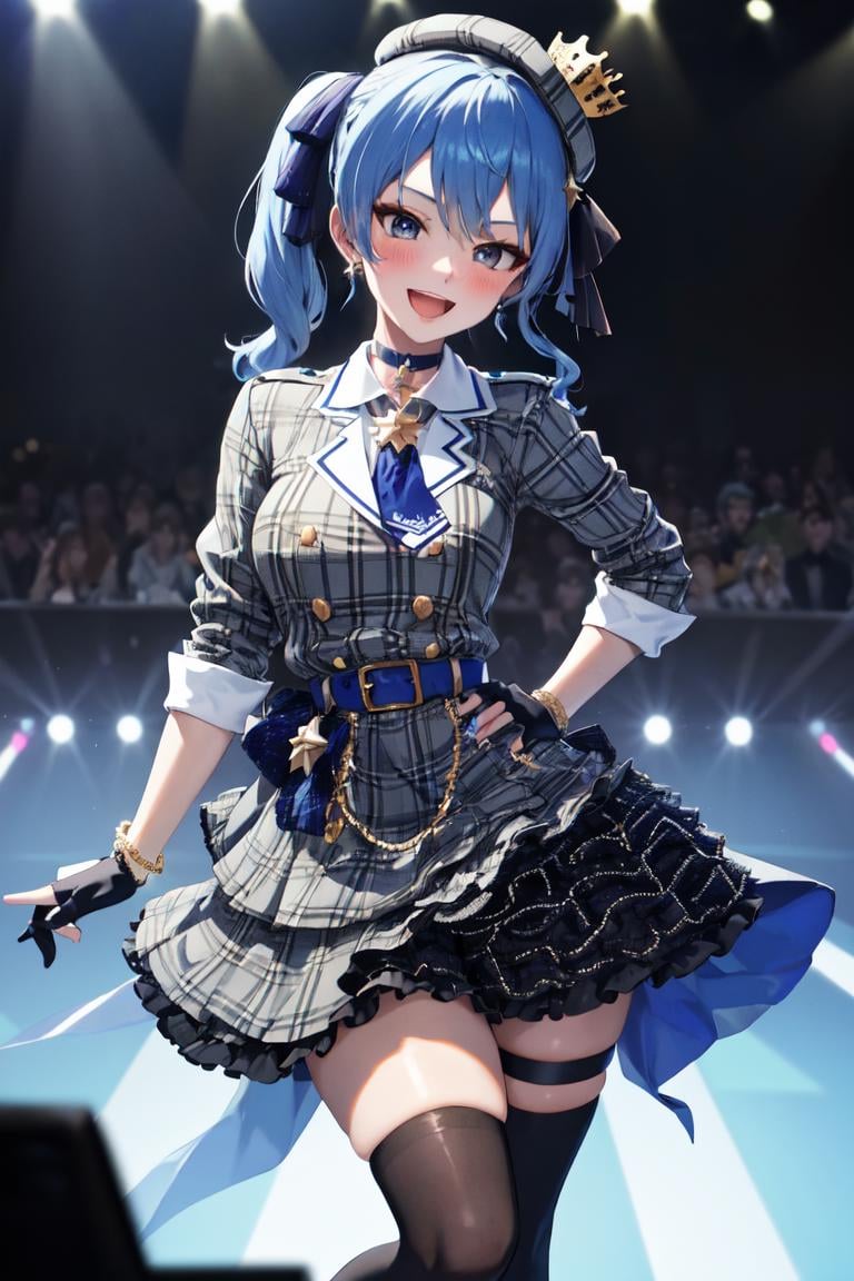 masterpiece, best quality, absurdres, perfect anatomy, SuiseiBase, plaid beret, crown, blue star choker, star earrings, blue ascot, plaid jacket, plaid skirt, layered skirt, partially fingerless gloves, star bracelet, uneven legwear, thigh strap, on stage, spotlights, hands on hips, smile, :d, blush, <lora:HoshimachiSuiseiV2:1.0>