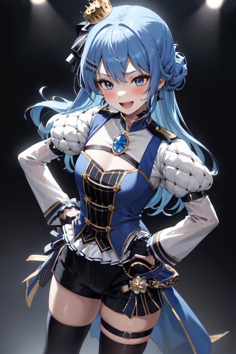 masterpiece, best quality, absurdres, perfect anatomy, SuiseiStellar, long hair, half updo, tilted crown, white shrug \(clothing\), juliet sleeves, blue brooch, blue pinstripe shirt, blue vest, half gloves, blue shorts, half-skirt, o-ring thigh strap, single thigh boot, on stage, spotlights, hands on hips, smile, :d, blush, <lora:HoshimachiSuiseiV2:1.0>