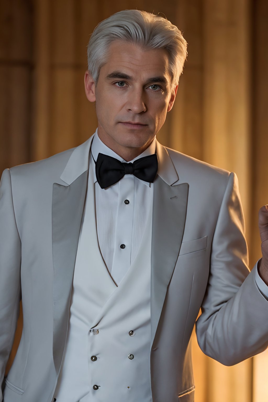 A suave figure, 50 years young with wispy white hair framing his distinguished features, stands tall ,The soft orange hue of evening's twilight casts a flattering glow on his chiseled face, while long shadows dance across his broad shoulders, accentuating the perfect cut of his elegant tuxedo.