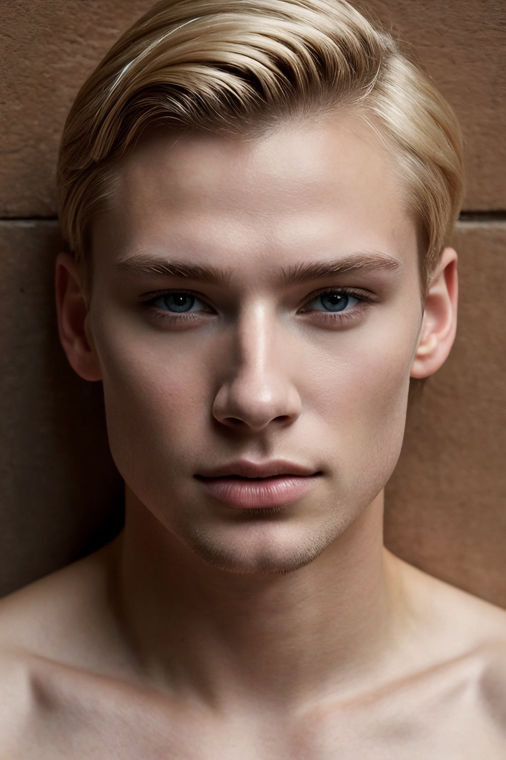 Ultra-high definition (8k) 1guy portrait of a 20-year-old blond Swedish gentleman with chiseled features and piercing blue eyes. The subject, sporting a shaved look, leans against a wall in a relaxed pose, gazing directly at the viewer with a subtle, enigmatic smile. Close-up shot captures every detail: natural, textured skin with visible pores, defined facial features, and fabric rendering that showcases intricate folds. Film grain and ray tracing enhance the image's realism. Anatomically correct rendering of the subject's physique. (MkmCut)