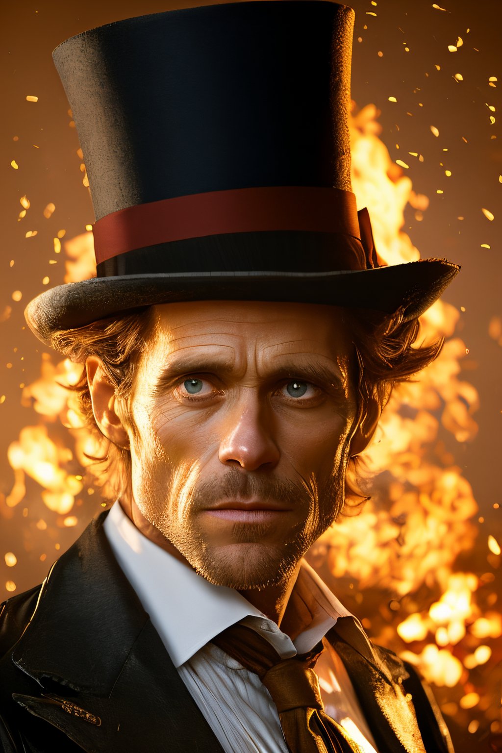A close up of a man wearing a top hat,  john picacio and brom,  willem dafoe as scarecrow,  best of behance,  madhatter,  josan gonzalez and tyler edlin,  by Jack Davis, ,  character design,  embers,  bright bold colors,  macro lens,  dark fantasy,  decopunk,  cinematic,  dslr,  bokeh,  american horror story,  redneck