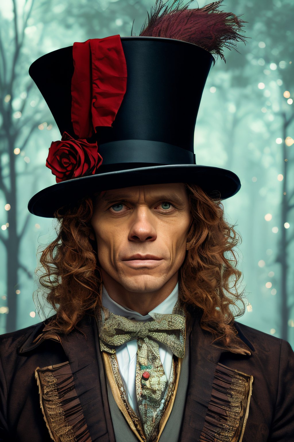 A close up of a man wearing a top hat,  john picacio and brom,  willem dafoe as scarecrow,  best of behance,  madhatter,  josan gonzalez and tyler edlin,  by Jack Davis, ,  character design,  embers,  bright bold colors,  macro lens,  dark fantasy,  decopunk,  cinematic,  dslr,  bokeh,  american horror story,  redneck