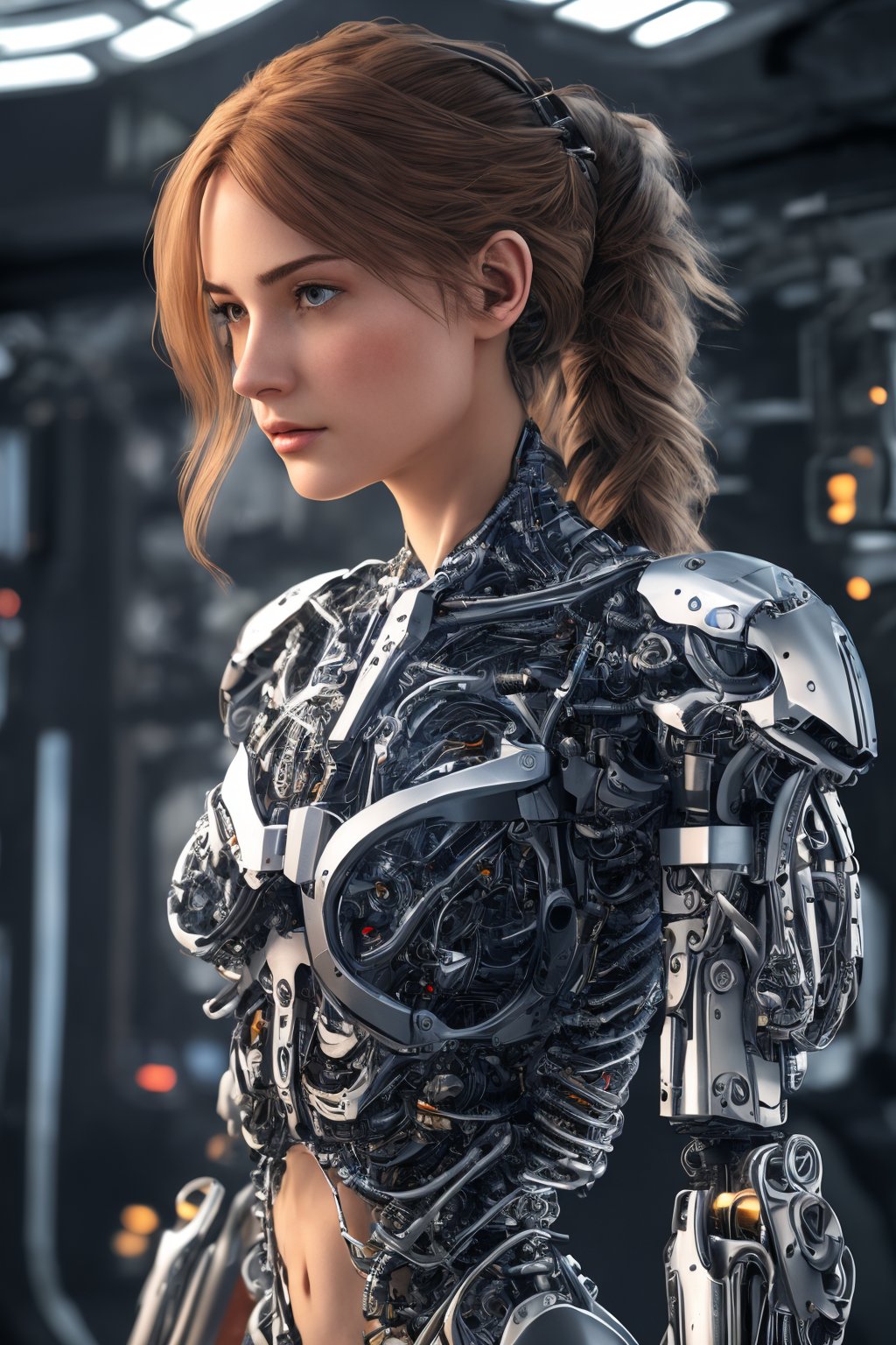 (best quality, 8K, highres, masterpiece),  hyper-detailed,  (photo-realistic,  lifelike) medium shot of a semi-cyborg female with biomechanical arms. The cinematic lighting accentuates the intricate details of her cybernetic limbs,  creating a visually stunning image that blurs the line between human and machine. This high-resolution masterpiece captures the essence of technological fusion and human beauty.