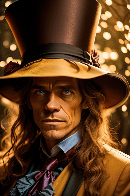 A close up of a man wearing a top hat, john picacio and brom, willem dafoe as scarecrow, best of behance, madhatter, josan gonzalez and tyler edlin, by Jack Davis, , character design, embers, bright bold colors, macro lens, dark fantasy, decopunk, cinematic, dslr, bokeh, american horror story, redneck