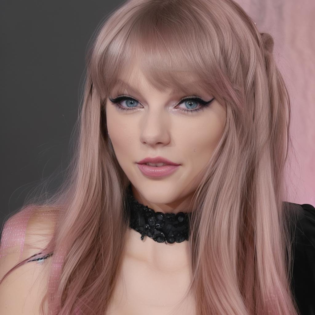 <lora:Taysway_V5-10:1> Taysway, woman, upper body, black background, studio lighting, long pink hair, mascara, looking at viewer