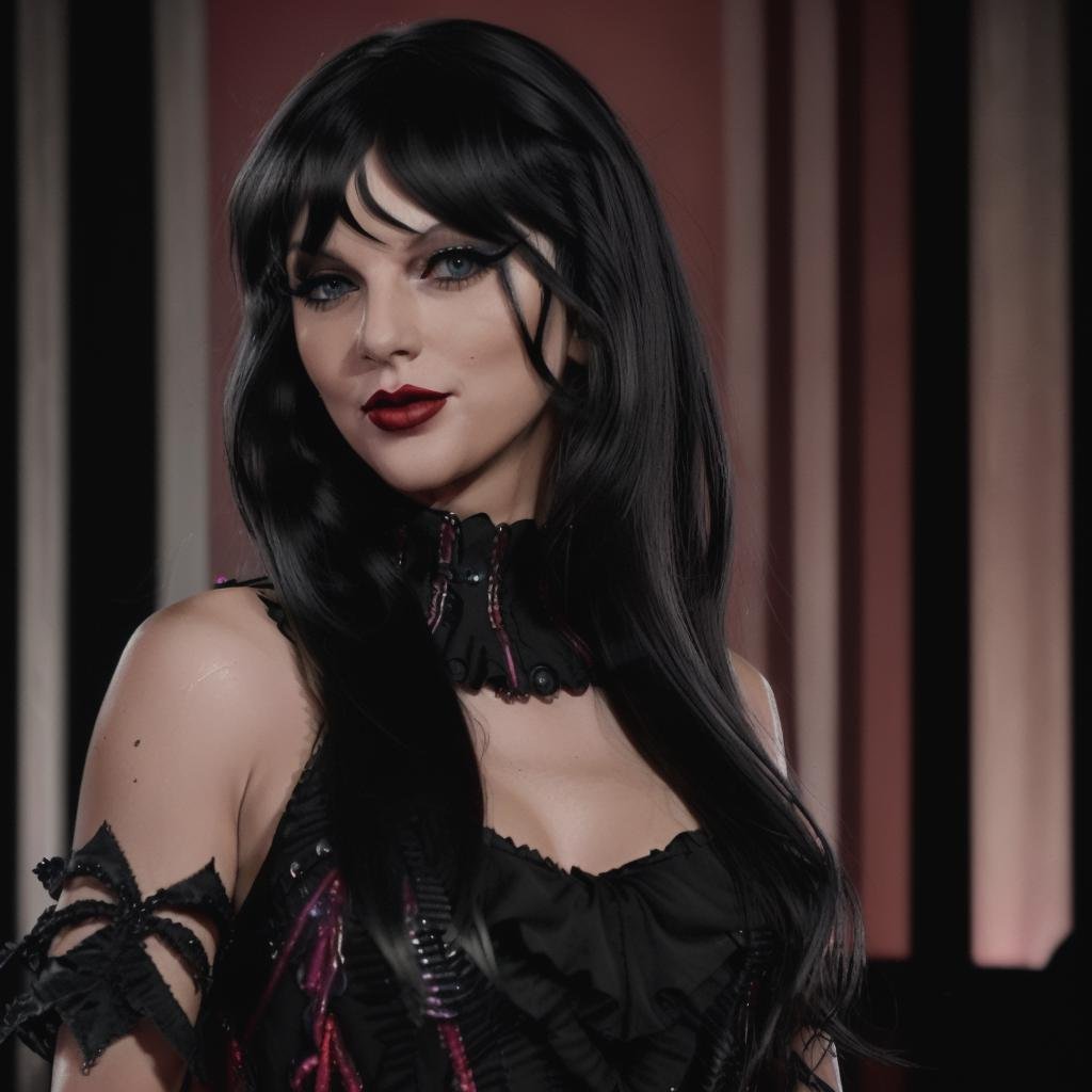 <lora:Taysway_V5-10:1> Taysway, woman, ((long wavey black hair)), mascara, eye shadow, red lipstick, high contrast, cinematic lighting, colourful background, gothic black dress, dramatic pose