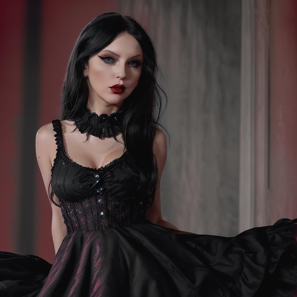 <lora:Taysway_V5-10:1> Taysway, woman, ((long wavey black hair)), mascara, eye shadow, red lipstick, high contrast, cinematic lighting, colourful background, gothic black dress, dramatic pose