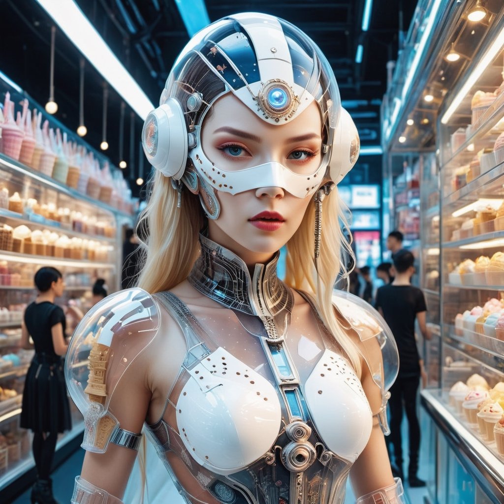 ((wearing a detailed Transparent glass flareminidress filled with detailed ice cream 
inside, Clear glass woman head filled with ice cream, Wearing a hyperdetailed Cyberpunk white mask, breasts covered, detailed headstop)), A detailed beautiful Transparent glass Woman filled with detailed Ice Cream working in a detailed cyberpunk ice cream store serving customers, FilmGirl,detailmaster2,WEARING HAUTE_COUTURE DESIGNER DRESS,HAUTE_COUTURE,flareminidress,cyborg style