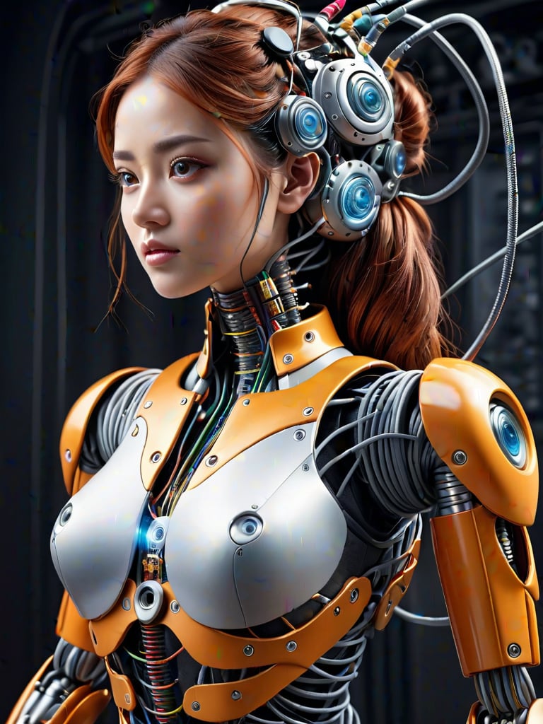 (((Perfect Face)))((Full shot)), (((masterpiece))), (((best quality))), ((ultra-detailed)), (highly detailed CG illustration), ((an extremely delicate and beautiful)),((Chest covered)), cinematic light,((1mechanical girl)),solo,((upper torso hanging by wires)),((Hanging by wires and tubes)), (((no legs attached))), (machine made joints:1.2),((machanical limbs)),(blood vessels connected to tubes),(mechanical vertebra attaching to back),((mechanical cervial attaching to neck)),(sitting),expressionless, (chest covered), (wires and cables attaching to neck:1.2),(wires and cables on head:1.2),(character focus),science fiction, extreme detailed, colorful, highest detailed