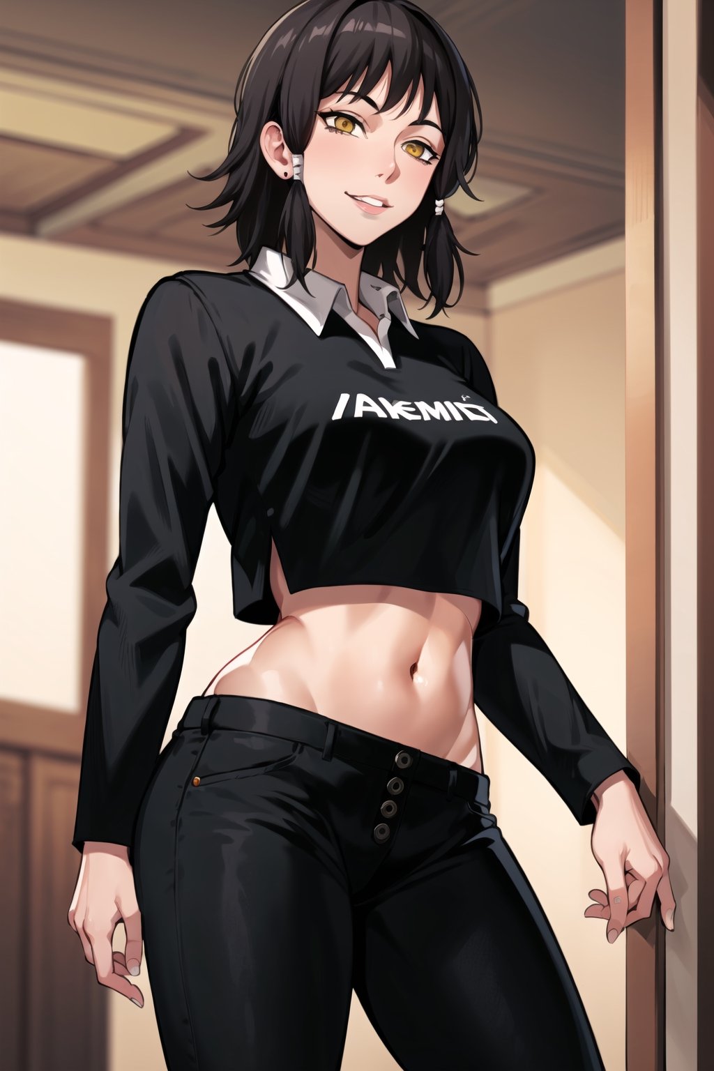 (best quality), (highly detailed), masterpiece, (official art), mifune, black hair, short hair, ((hair tubes)), lips, smile, yellow eyes ,ringed eyes,  long sleeves, navel, medium breasts, white shirt, midriff, collared shirt, pants, crop top,  black pants,,room,indoors, jewelry,hands in opposite sleeves, (intricately detailed, hyperdetailed), blurry background,depth of field, best quality, masterpiece, intricate details, tonemapping, sharp focus, hyper detailed, trending on Artstation,1 girl, solo,high res,official art,