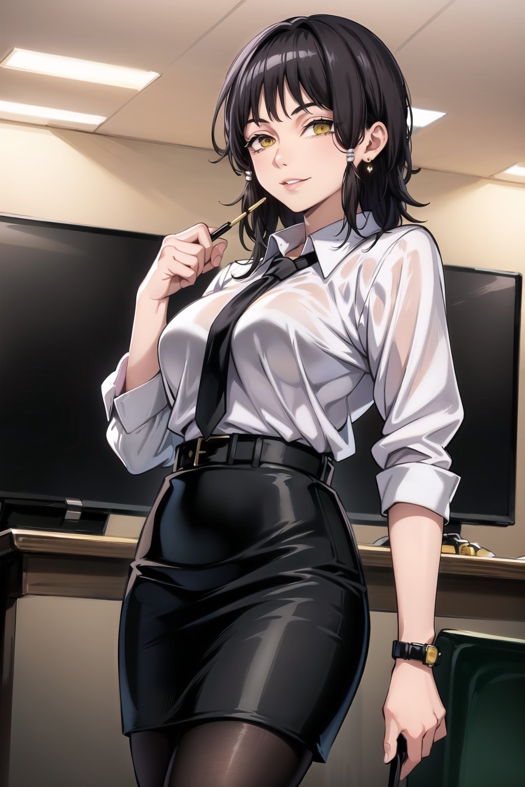 (best quality), (highly detailed), masterpiece, (official art), mifune, black hair, short hair, ((hair tubes)), lips, smile, yellow eyes , ringed eyes,,(office),(high-waist skirt:1.2),(black skirt:1.2),(black necktie:1.1),(seductive smile),(closed mouth),(lips:1.2),jewelry, wristwatch, skirt, solo, (cowboy shot:1.2),standing, pencil skirt,  belt, (earrings:1.1), collared shirt, (office lady),(white shirt:1.2),(formal:1.1), shirt tucked in, (skirt suit),black pantyhose, dress shirt, intricately detailed, hyperdetailed, blurry background,depth of field, best quality, masterpiece, intricate details, tonemapping, sharp focus, hyper detailed, trending on Artstation,1 girl, high res, official art