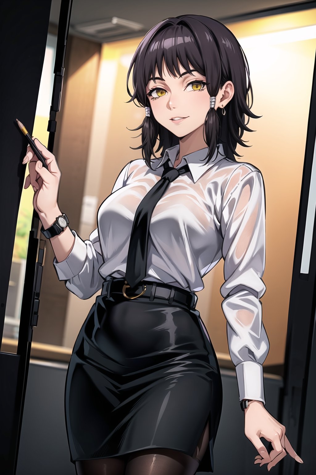 (best quality), (highly detailed), masterpiece, (official art), mifune, black hair, short hair, ((hair tubes)), lips, smile, yellow eyes , ringed eyes,,(office),(high-waist skirt:1.2),(black skirt:1.2),(black necktie:1.1),(seductive smile),(closed mouth),(lips:1.2),jewelry, wristwatch, skirt, solo, (cowboy shot:1.2),standing, pencil skirt,  belt, (earrings:1.1), collared shirt, (office lady),(white shirt:1.2),(formal:1.1), shirt tucked in, (skirt suit),black pantyhose, dress shirt, intricately detailed, hyperdetailed, blurry background,depth of field, best quality, masterpiece, intricate details, tonemapping, sharp focus, hyper detailed, trending on Artstation,1 girl, high res, official art