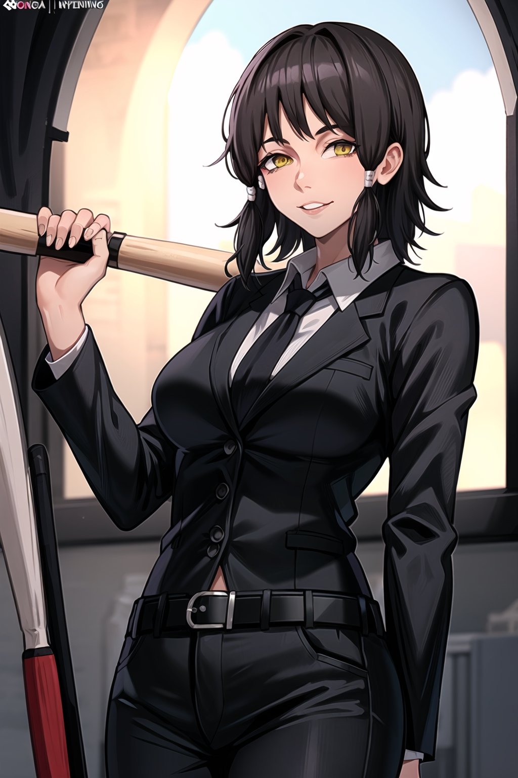 (best quality), (highly detailed), masterpiece, (official art), mifune, black hair, short hair, ((hair tubes)), lips, smile, yellow eyes ,ringed eyes, baseball bat, (holding baseball bat) ,necktie,  black jacket,(black suit), long sleeves, shirt tucked in,looking at viewer, shirt, black necktie, white shirt, medium breasts,window, formal, office lady,pants, black pants, belt, business suit, suit,  (intricately detailed, hyperdetailed), blurry background,depth of field, best quality, masterpiece, intricate details, tonemapping, sharp focus, hyper detailed, trending on Artstation,1 girl, solo,high res,official art,