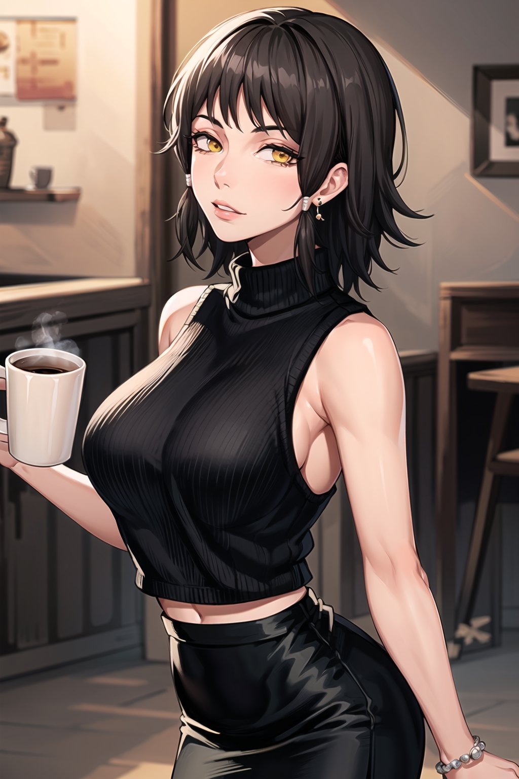 (best quality), (highly detailed), masterpiece, (official art), mifune, black hair, short hair, ((hair tubes)), lips, yellow eyes ,ringed eyes, (earrings), (intricated earrings), (jewlery), ((sleeveless)), ribbed sweater, (black sweater:1.2), cup, turtleneck, bare shoulders, parted lips, sleeveless sweater, holding, coffee cup, mug, looking at viewer, medium breasts, cowboy shot, ((black pencil skirt)), lipstick, coffee mug, ribbed shirt, makeup, intricately detailed, hyperdetailed, blurry background, depth of field, best quality, masterpiece, intricate details, tonemapping, sharp focus, hyper detailed, trending on Artstation, 1 girl, high res, official art, 