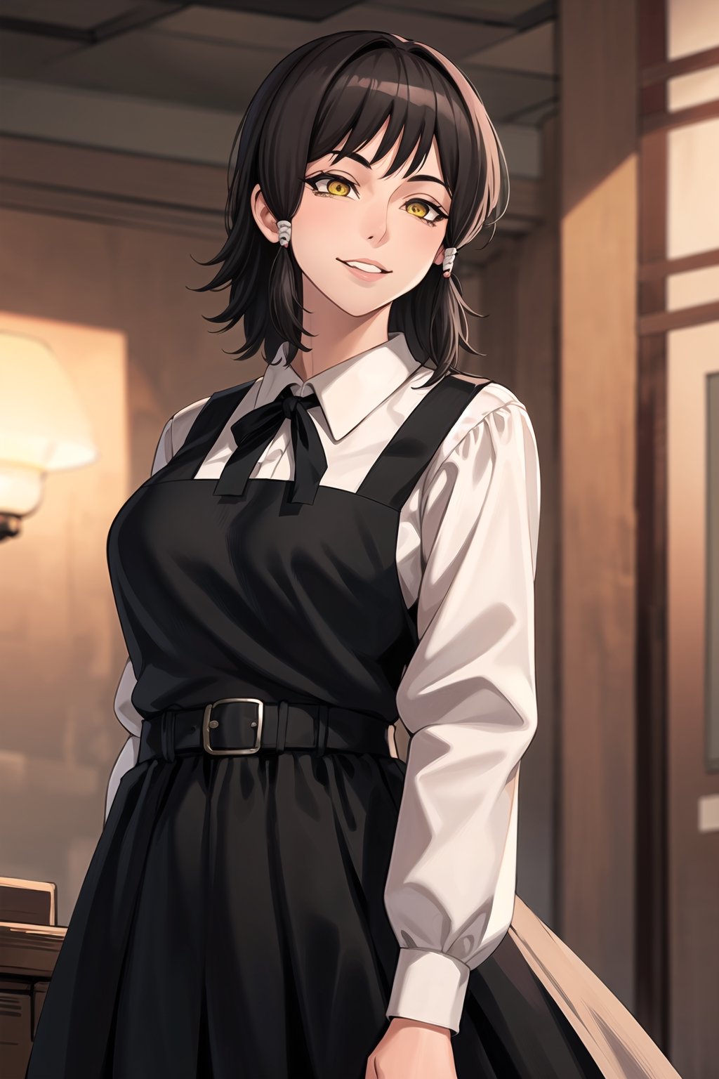 (best quality), (highly detailed), masterpiece, (official art), mifune, black hair, short hair, ((hair tubes)), lips, smile, yellow eyes ,ringed eyes,  shirt, long sleeves, dress, school uniform, white shirt, collared shirt, black dress, pinafore dress,room,indoors, jewelry,hands in opposite sleeves, (intricately detailed, hyperdetailed), blurry background,depth of field, best quality, masterpiece, intricate details, tonemapping, sharp focus, hyper detailed, trending on Artstation,1 girl, solo,high res,official art