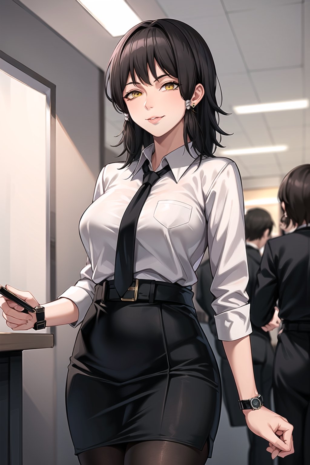 (best quality), (highly detailed), masterpiece, (official art), mifune, black hair, short hair, ((hair tubes)), lips, yellow eyes ,ringed eyes, (office), (high-waist skirt:1.2), (black skirt:1.2), (black necktie:1.1), (seductive smile), (closed mouth), (lips:1.2), jewelry, wristwatch, skirt, solo, (cowboy shot:1.2), standing, pencil skirt, belt, (earrings:1.1), collared shirt, (office lady), (white shirt:1.2), (formal:1.1), shirt tucked in, (skirt suit), black pantyhose, dress shirt, intricately detailed, hyperdetailed, blurry background, depth of field, best quality, masterpiece, intricate details, tonemapping, sharp focus, hyper detailed, trending on Artstation, 1 girl, high res, official art