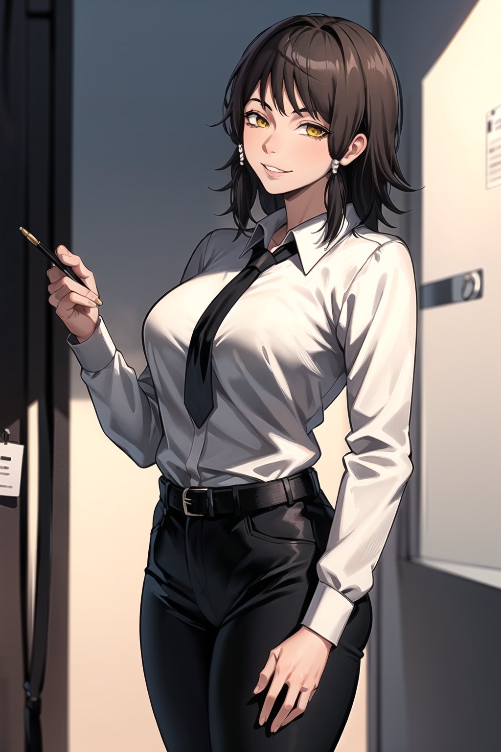 (best quality), (highly detailed), masterpiece, (official art), mifune, black hair, short hair, ((hair tubes)), lips, smile, yellow eyes ,ringed eyes, necktie,  black jacket,(black suit), long sleeves, shirt tucked in,looking at viewer, shirt, black necktie, white shirt, medium breasts,window, formal, office lady,pants, black pants, belt, business suit, suit,  (intricately detailed, hyperdetailed), blurry background,depth of field, best quality, masterpiece, intricate details, tonemapping, sharp focus, hyper detailed, trending on Artstation,1 girl, solo,high res,official art,