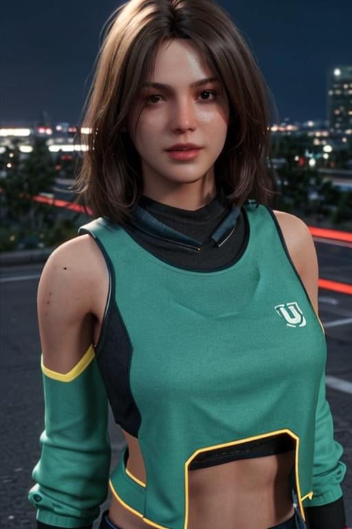 unreal engine render, Ray Tracing, ultra quality, girl, wearing funky street clothing, photorealistic background, upperbody, low lighting, big city, realtime rendering, attractive face   <lora:Unreal Engine Render:0.6>