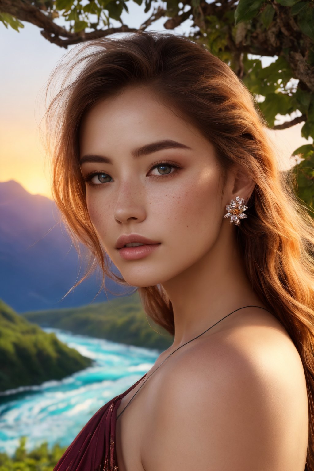 (best quality, 8k, highres, masterpiece:1.2), photorealistic, ultra-detailed, vibrant photography of a woman in nature, dramatic lighting, finely detailed beautiful eyes, fine detailed skin, Natural scenery, majestic landscape, colorful flowers, distant mountains, flowing rivers, melting sunset, serene atmosphere, dazzling sunlight, blissful vibes, freckled face, luscious greenery, soft breeze, ethereal beauty