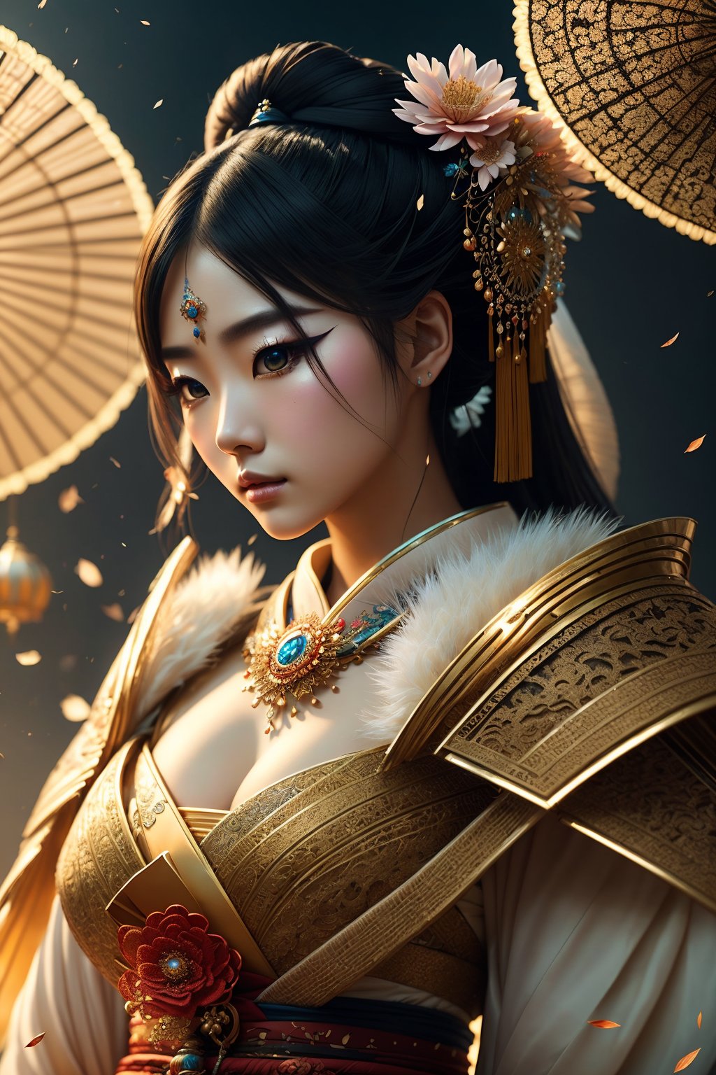 (best quality, 8K, ultra-detailed, masterpiece), (cinematic montage, traditional animation), Create a captivating 8K masterpiece that seamlessly blends the grace of a geisha with the aesthetics of futuristic robots. The geisha should wear intricate body-painting, featuring delicate flowers on her face, representing a unique fusion of tradition and innovation. Emulate the style of an appropriation artist, using cinematic montages and traditional animation techniques to convey a dynamic anime-inspired scene. Incorporate elements from schlieren photography to infuse an otherworldly, ethereal quality into the composition. This artwork should serve as a true masterpiece, offering a mesmerizing journey through the realms of art, culture, and technology.