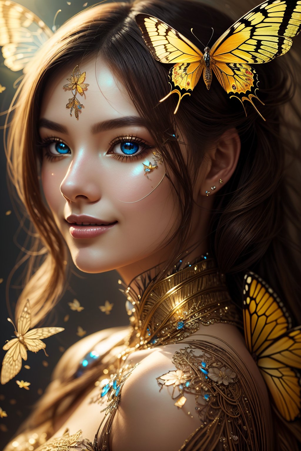A (highly detailed, elegant) portrait that seamlessly combines elements of digital photography and surreal painting. The subject is a beautiful cyborg with (intricate, majestic) features and brown hair. cute smile, Her cybernetic enhancements are adorned with a (golden butterfly filigree) that adds an element of mystique. The scene is set against a backdrop of (broken glass), creating a unique and captivating blend of beauty and surrealism.