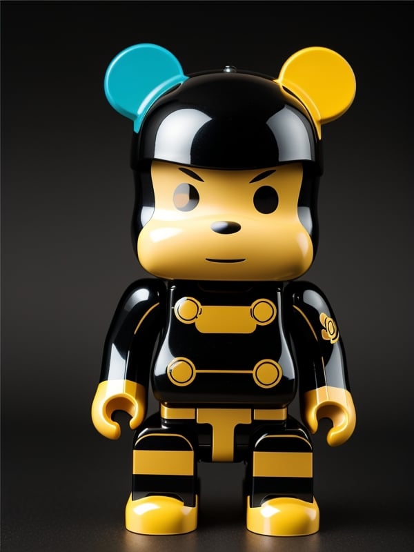 action pose toy by BearBrick. looking at the camera, pastel colors, glossy plastic, dark background, more detail <lora:toys:0.7>