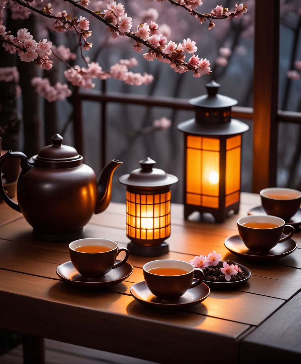 (Cinematic Photo:1.3) of (Ultra detailed:1.3) <https://s.mj.run/sUi6_9lu-ZA> tea sets with lantern on wooden table with flowers, in the style of japanese influence, enchanting lighting, evgeny lushpin, cherry blossoms, dark bronze and amber, beijing east village, nature-inspired pieces,Highly Detailed,(close portrait:1.3),thematic background