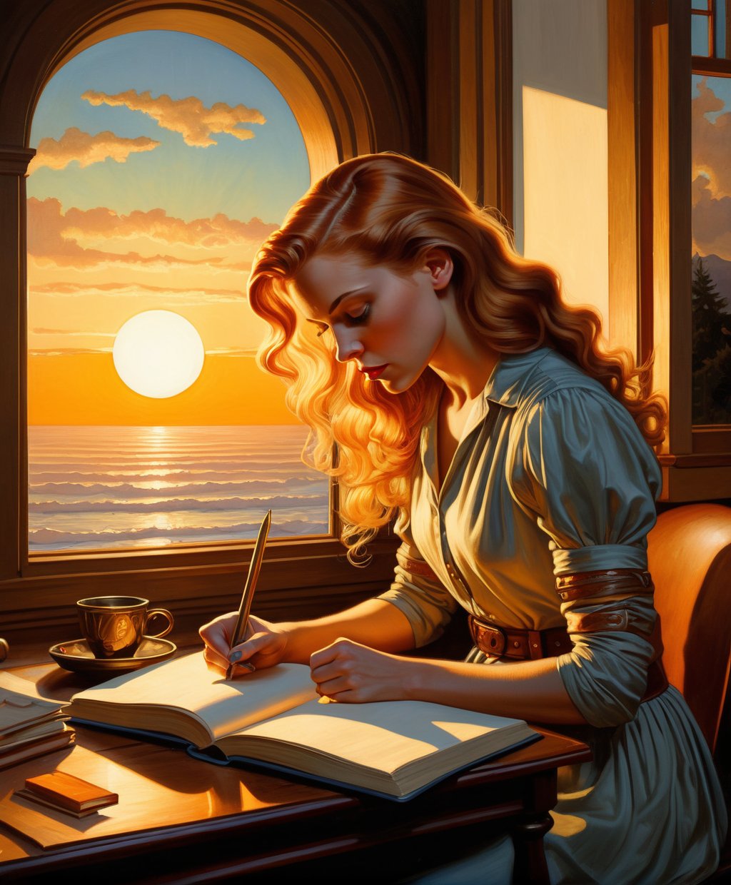 (Feminine Professional 3D rendering:1.3) of (Cel shaded:1.3) Picture of someone journaling with the sunrise, cinematic, vibrant,(by Artist J.C. Leyendecker:1.3),(by Artist Adi Granov:1.3),(by Artist Kelly McKernan:1.3),CGSociety,ArtStation,(Folk Art:1.3),(New Wave Art:1.3),(American Scene Painting:1.3),(Saturated:1.3)