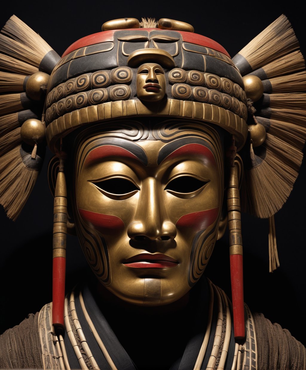 Realistic style, Immerse yourself in the ancient traditions of the Aïnou people in Japan. Admire the craftsmanship of their masks, which embody the spirits of their ancestors. Experience the eerie presence of these enigmatic artifacts and marvel at the cultural heritage they represent. hyperdetailed, 8k, hyperrealistic