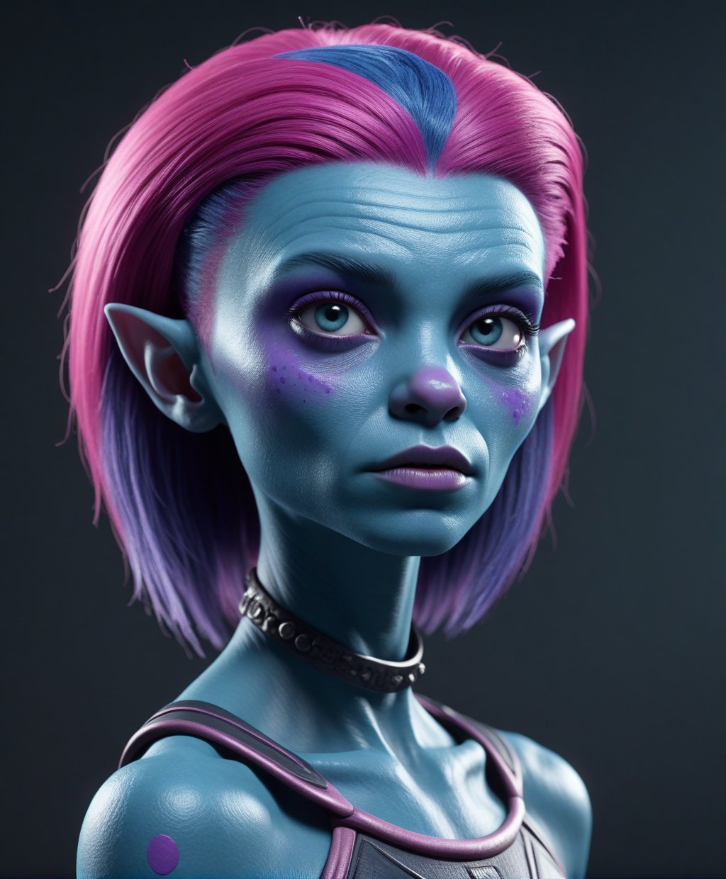 (Cinematic Photo:1.3) of (Ultra detailed:1.3) alien female character with blue skin, with purple and pink hair, and accessories in the game, in the style of rendered in maya, dark pink and aquamarine clothing, aquamarine face paint and makeup, shin hanga, dinopunk, bold, floralpunk, Pixar style, 3d, 3d rendering, 8k, best quality, full body, maquette,Highly Detailed,(close portrait:1.3),thematic background