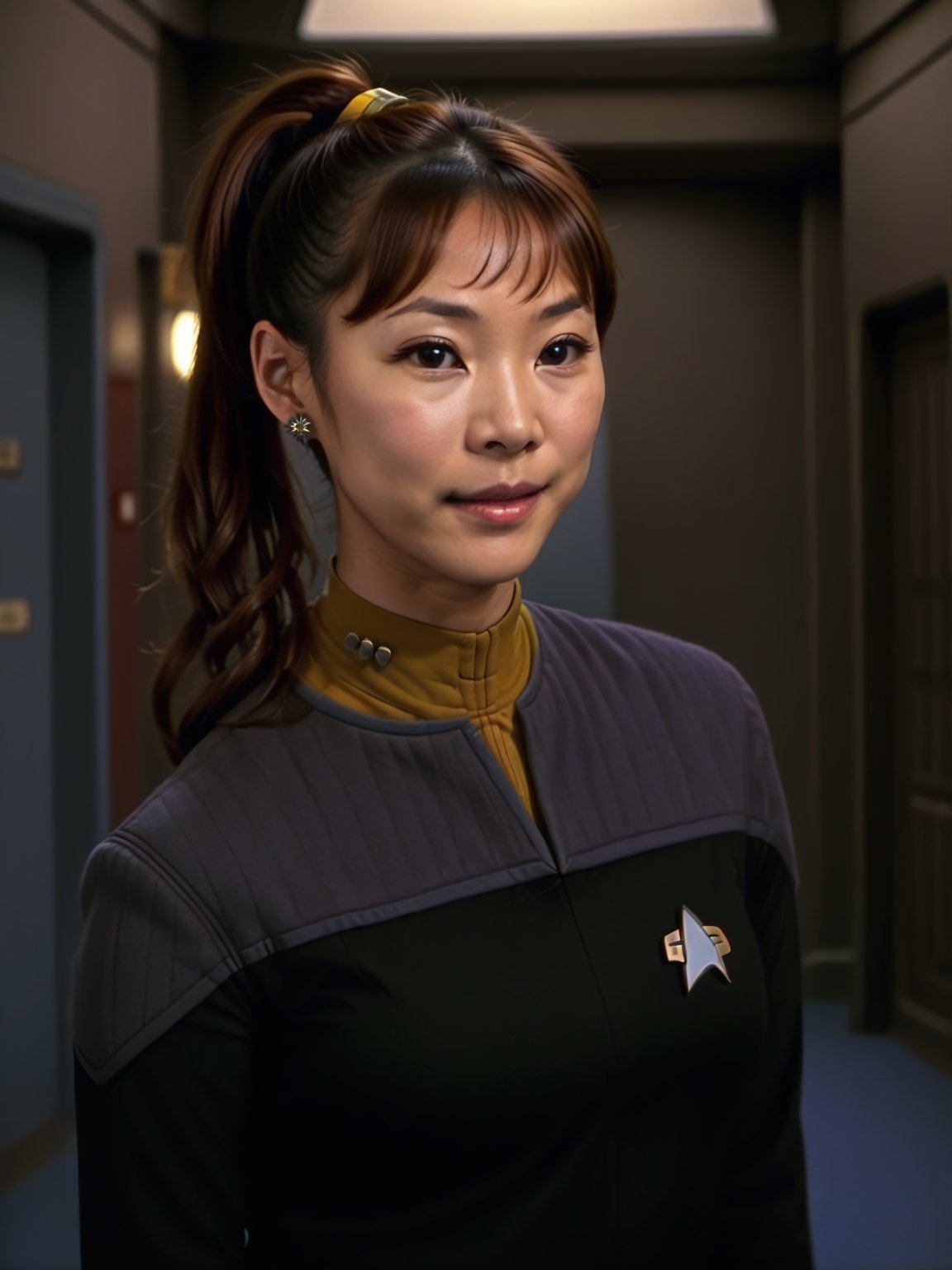 asian woman,brown hair,ponytail,black and grey ds9st uniform,yellow collar,in a hallway
