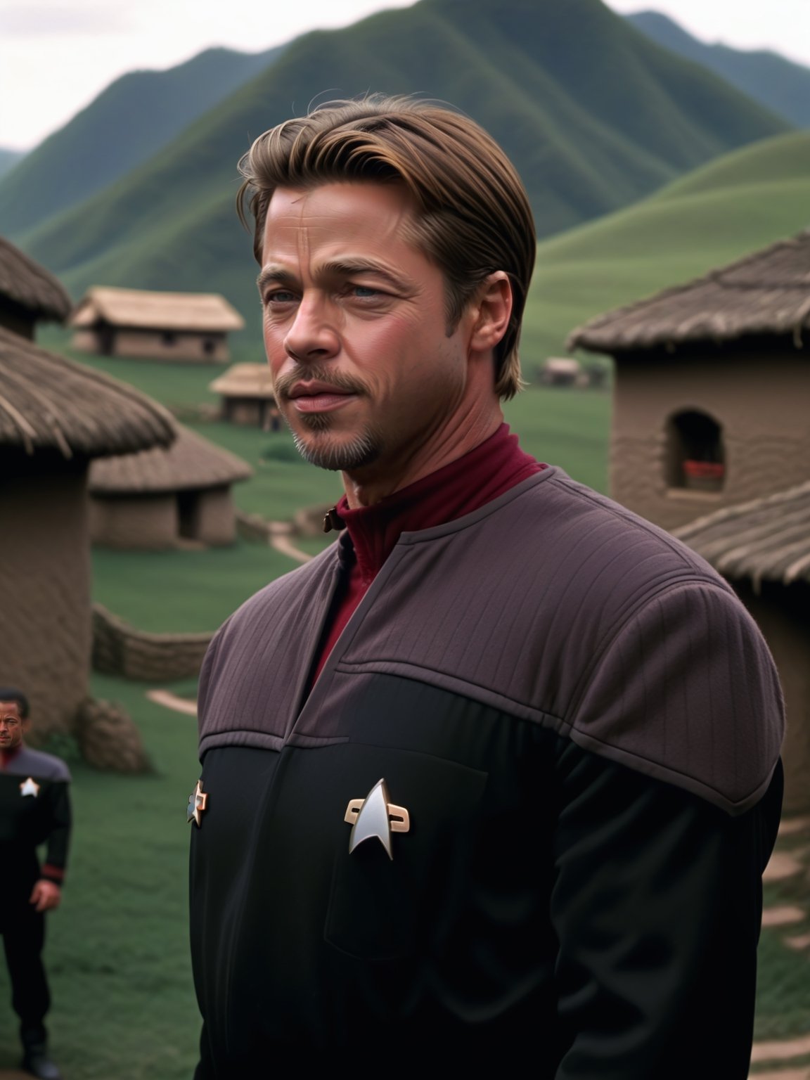 brad pitt in black and red ds9st uniform,in a village
