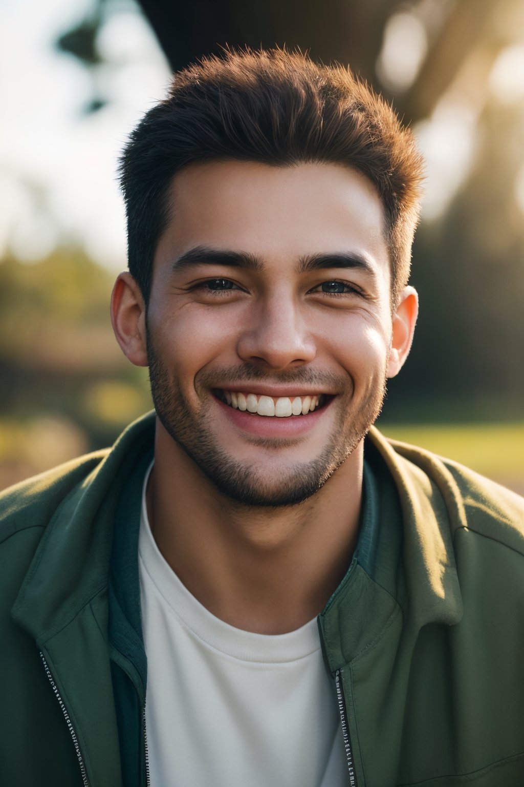 A (striking, compelling) photo-realistic close-up portrait of a man radiating joy with his heartfelt smile. The outdoor environment adds a touch of (natural, cinematic) beauty to the composition. This high-resolution masterpiece captures the warmth and sincerity in the man's expression.