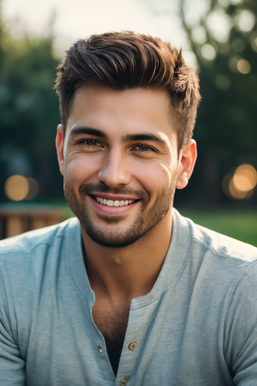 (best quality,8K,highres,masterpiece), ultra-detailed, (photo-realistic, lifelike) close-up portrait of a man with a warm and genuine smile. The outdoor setting adds natural beauty, and the cinematic lighting enhances the photo's (captivating, cinematic) quality, making it a true masterpiece.