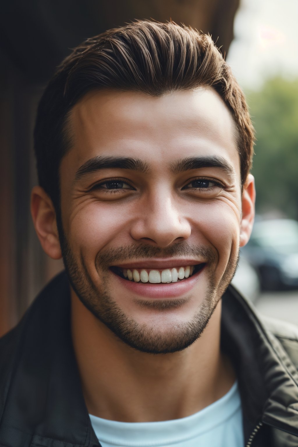 A (striking, compelling) photo-realistic close-up portrait of a man radiating joy with his heartfelt smile. The outdoor environment adds a touch of (natural, cinematic) beauty to the composition. This high-resolution masterpiece captures the warmth and sincerity in the man's expression.