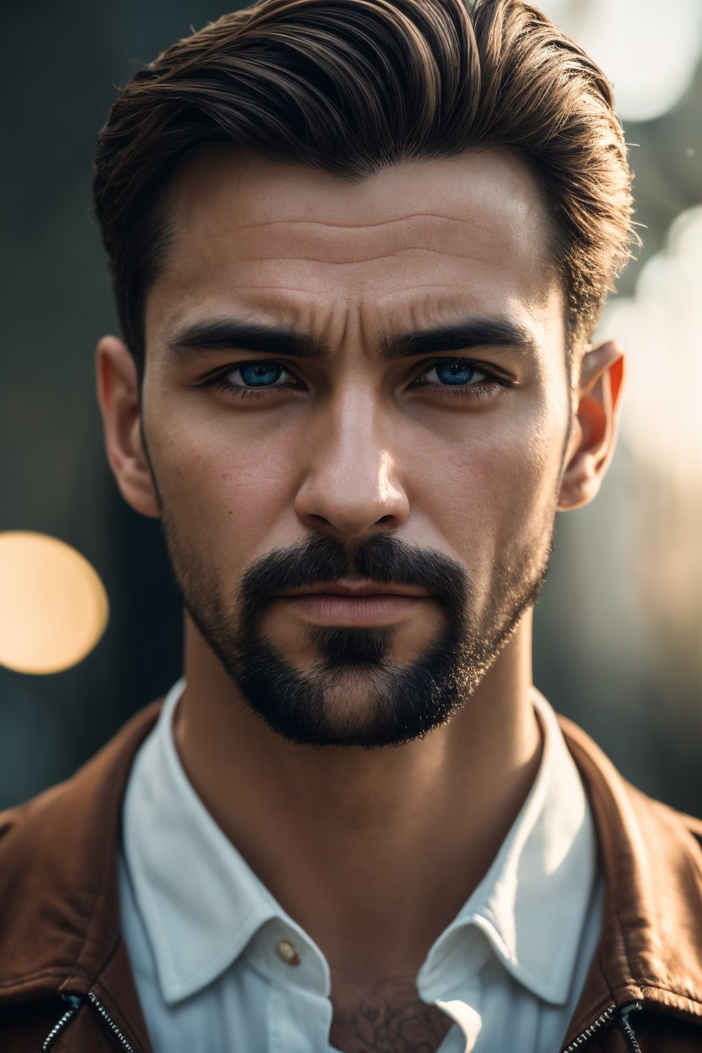 An (intimate, emotive) 8K photograph that focuses on the close-up portrait of a man. The (rich, vibrant) colors enhance the photo-realistic quality, giving you a cinematic view of his personality and expressions in exquisite detail.