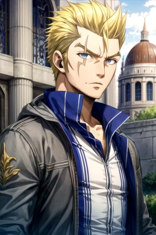 masterpiece, best quality, game cg, 1boy, solo, male focus, looking at viewer, , depth of field, ligne claire, , <lora:laxus_dreyar:0.70>, laxus_dreyar, blonde hair, grey eyes, decade costume, capitol building,