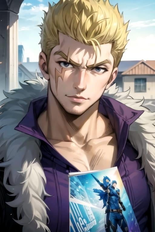 masterpiece, best quality, photorealistic, 1boy, solo, male focus, looking at viewer, , depth of field, , realistic, <lora:laxus_dreyar:0.74>, laxus_dreyar, blonde hair, grey eyes, comic book character costume, science fiction soft science fiction,