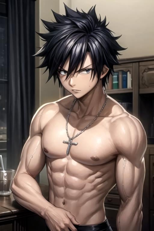masterpiece, best quality, game cg, 1boy, solo, male focus, looking at viewer, upper body, , ligne claire, , <lora:gray_fullbuster:0.70>, gray_fullbuster, black hair, black eyes, spiked hair, , , , infirmary, 8k resolution