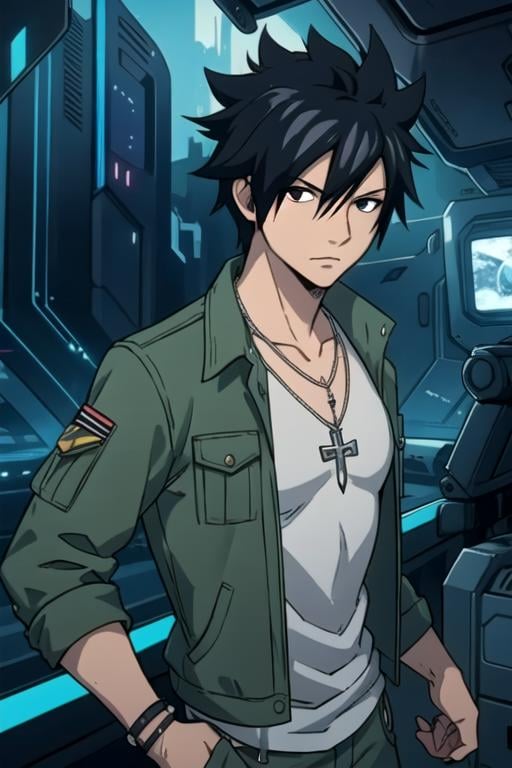 masterpiece, best quality, movie still, 1boy, solo, male focus, looking at viewer, upper body, , , realistic, <lora:gray_fullbuster:0.68>, gray_fullbuster, black hair, black eyes, spiked hair, necklace, cargo pants, , science fiction cyber-thriller, HD