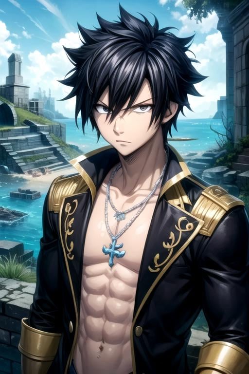 masterpiece, best quality, movie still, 1boy, solo, male focus, looking at viewer, upper body, , anime coloring, , <lora:gray_fullbuster:0.66>, gray_fullbuster, black hair, black eyes, spiked hair, necklace, , , Atlantis: A lost city of great wisdom and power, now drowned beneath the sea, 2k resolution
