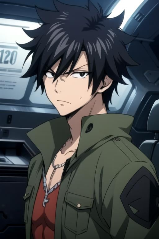 masterpiece, best quality, , 1boy, solo, male focus, looking at viewer, upper body, depth of field, , , <lora:gray_fullbuster:0.66>, gray_fullbuster, black hair, black eyes, spiked hair, , denim jacket, , science fiction alternate history, 12k resolution