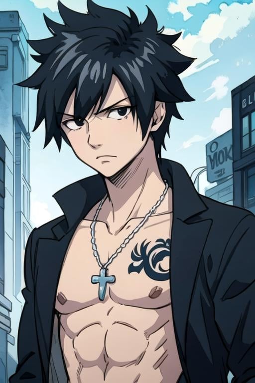 masterpiece, best quality, illustration, 1boy, solo, male focus, looking at viewer, , , (watercolor illustration, soft pastel colors:1.1), realistic, <lora:gray_fullbuster:0.70>, gray_fullbuster, black hair, black eyes, spiked hair, necklace, topless male, tattoo, , caps, science fiction cyber-noir, Blu-ray