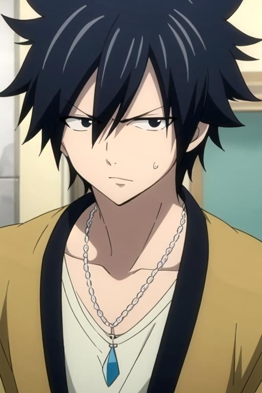 masterpiece, best quality, illustration, 1boy, solo, male focus, looking at viewer, upper body, depth of field, , , <lora:gray_fullbuster:0.74>, gray_fullbuster, black hair, black eyes, spiked hair, necklace
