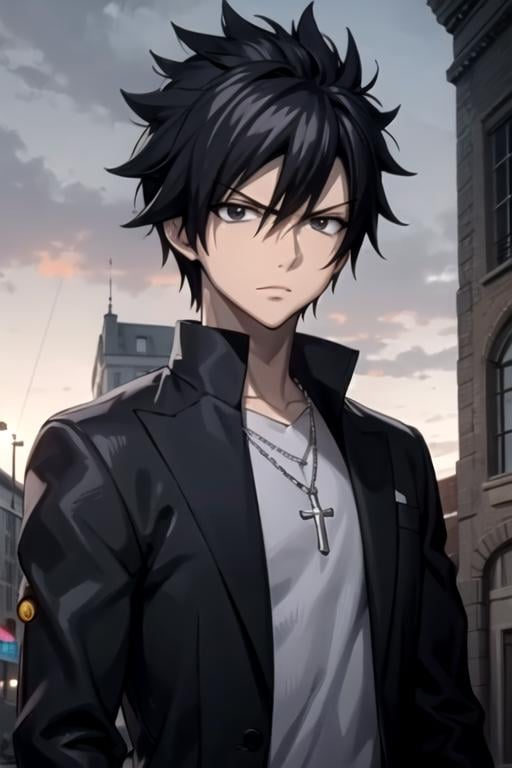 masterpiece, best quality, movie still, 1boy, solo, male focus, looking at viewer, upper body, depth of field, anime coloring, , <lora:gray_fullbuster:0.68>, gray_fullbuster, black hair, black eyes, spiked hair, necklace, taxi driver costume, The Vale of Shadows: A dark and foreboding valley where no sunlight ever penetrates, HDR