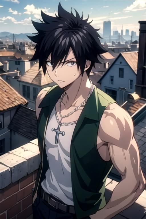 masterpiece, best quality, wallpaper, 1boy, solo, male focus, looking at viewer, , depth of field, ligne claire, , <lora:gray_fullbuster:0.74>, gray_fullbuster, black hair, black eyes, spiked hair, necklace, , rooftop,