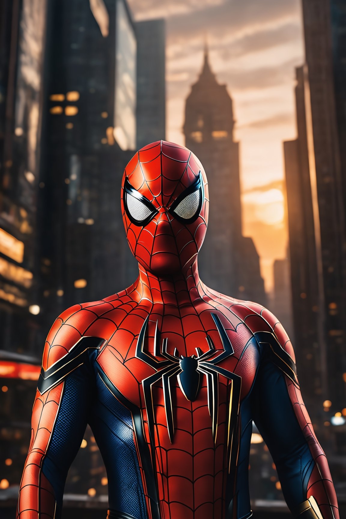 A breathtaking 8K photorealistic concept art masterpiece, (Spiderman adorned in a stunning white and gold armor-style suit, unmasked, with a white cape billowing gracefully:1.3), Set against the backdrop of a highly detailed night cityscape, captured with perfect composition and sharp focus, (A cinematic vision of artistry:1.3), Bathed in soft, natural volumetric lighting, the chiaroscuro effect enhancing the intricate details of the suit, (A true award-winning photograph:1.3), Created in the style reminiscent of the great masters Raphael, Caravaggio, and modern visionaries like Greg Rutkowski, Beeple, Beksinski, and Giger, (A piece trending on ArtStation for its artistic brilliance:1.3), This oil on canvas marvel is a testament to artistic excellence, showcasing Spiderman as you've never seen him before, (An artistic achievement beyond compare:1.3)